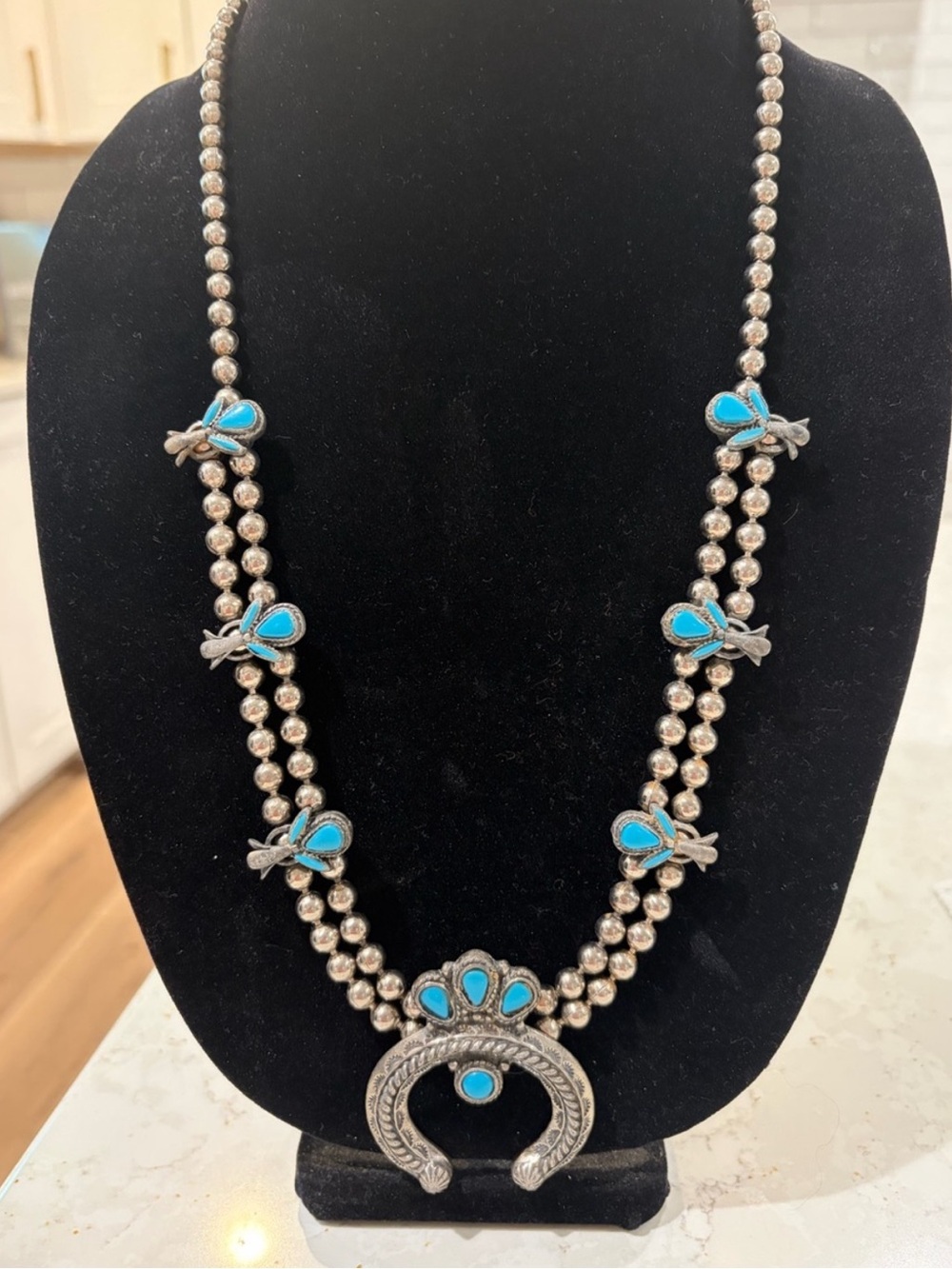 Vintage Southwestern Style Silver Turquoise Squash Blossom Butterfly Necklace